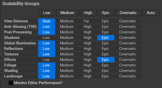 Configuración mínima de escalabilidad en Unreal Engine